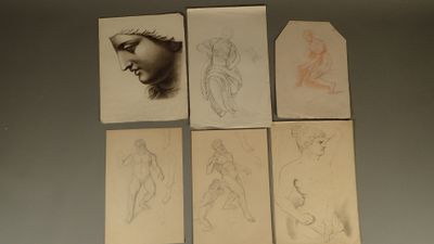 six dessins représentant le visage d'une femme et la tête d'une femme sur un mur