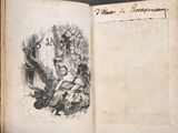 an old book with a drawing of a man on it