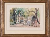 an image of a watercolor painting of a table and chairs in a park