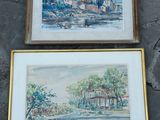 une paire d'aquarelles représentant un village et une rivière