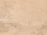 un dessin représentant un pont enjambant un ruisseau dans une zone boisée