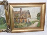 two framed paintings of a house and a road in a country setting