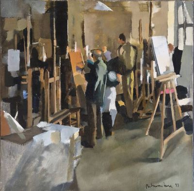 tableau représentant un groupe de personnes dans un atelier d'art, avec des chevalets et des chevalets