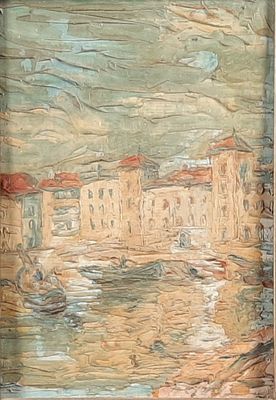 an image of a painting of a river with buildings in the background