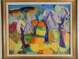 an oil painting of a painting of trees in a yellow frame