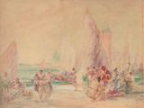 painting of a group of people on a beach with sailboats in the background