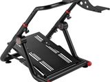 un support d'ordinateur portable noir muni de roulettes rouges sur fond blanc