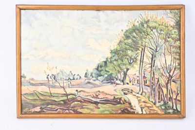 Ecole moderne Cavalier et son chien dans un paysage