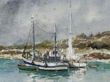 a painting of a boat in the water with a sky background
