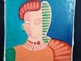 tableau représentant une femme aux cheveux roux vêtue d'une robe verte et orange