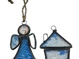 two stained glass angel ornaments hanging from a rope