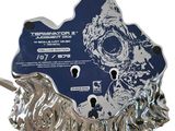 a picture of a blue and silver clock with a keyhole on it