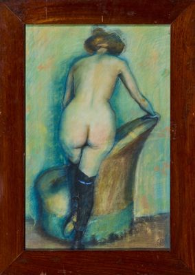 une peinture à l'huile représentant une femme nue assise sur une chaise