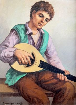 painting of a man with a guitar sitting on a bench