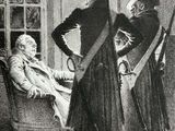 a drawing of a man standing next to a man in a chair
