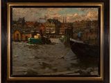 une peinture à l'huile représentant une scène de port avec un bateau au premier plan