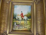 a painting of a man riding a horse with two dogs
