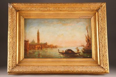 an oil painting of a venice canal scene with a gondola