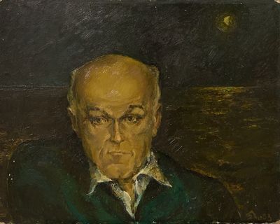 tableau représentant un vieil homme vêtu d'un pull vert et d'une chemise blanche