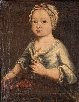 an old painting of a young girl holding a bird in her hand