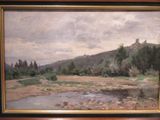 a painting of a landscape with a river in the foreground