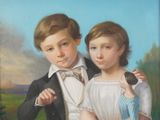 portrait d'un garçon et d'une fille portant une robe bleue et une veste noire