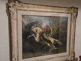 un tableau représentant un homme à cheval à côté d'un vase de fleurs