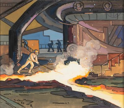 a picture of a painting of a man working in a factory