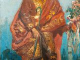 an oil painting of a man in a red cloak holding flowers