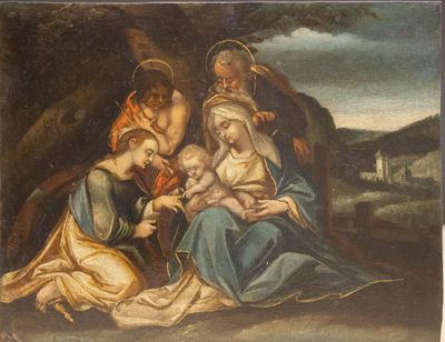 une image représentant un tableau où l'on voit un groupe de personnes avec un bébé
