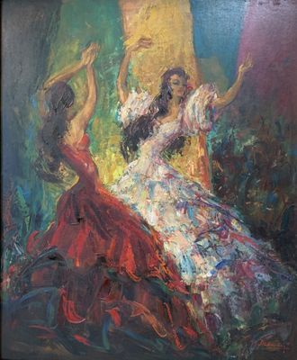 an oil painting of two women dancing in a red dress