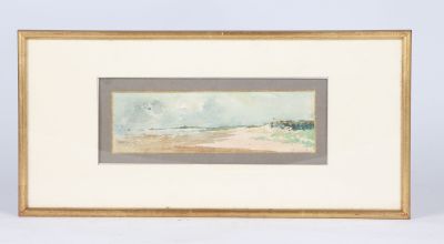 un tableau représentant une scène de plage, dans un cadre en bois