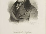 an old black and white drawing of a man in a suit