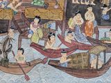 a painting of a group of people on a boat in the water