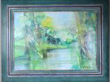 an oil painting of a green landscape with trees and a river