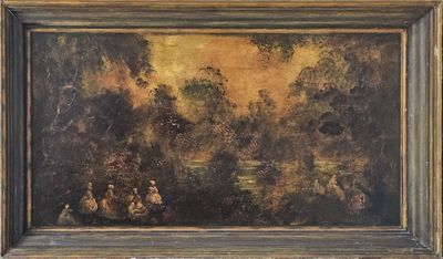 an oil painting of a landscape with figures in the foreground