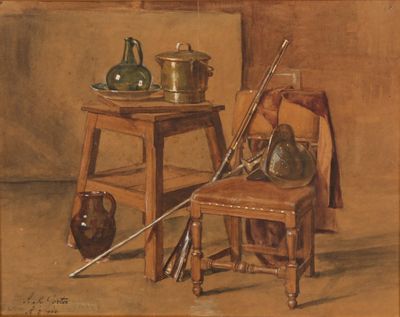 un tableau représentant une chaise et une table sur laquelle sont posés des pots