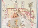 framed picture of a painting of a town with a fountain and people
