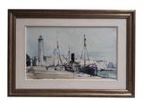 aquarelle encadrée représentant une scène de port avec des bateaux et un phare