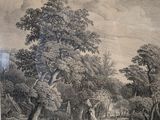 painting of a wooded scene with a man and a woman in the foreground and a man on a horse in the foreground