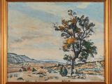 une peinture à l'huile représentant un arbre solitaire dans un paysage désertique