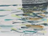 a painting of a boat in the water with many fish