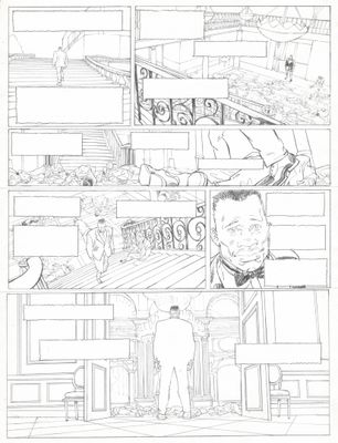 un dessin en noir et blanc représentant un homme debout devant une bande dessinée