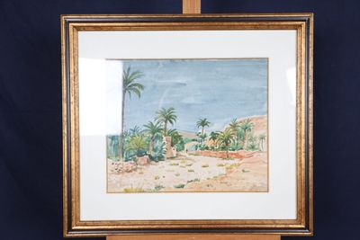 une image représentant un tableau représentant un paysage désertique avec des palmiers au premier plan