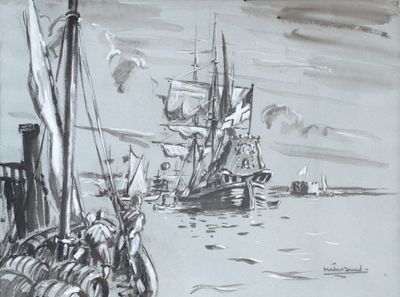 dessin représentant un bateau sur un plan d'eau, près d'un quai