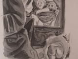 a black and white drawing of a woman looking at a mirror