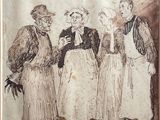 drawing of three men and a woman talking to each other in front of a mirror