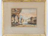 an image of a painting of a village by the water