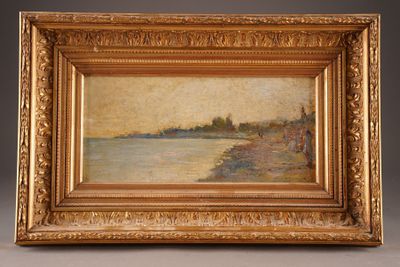 a painting of a river scene in a gold frame