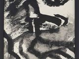 black and white painting of a woman ' s face in a black frame